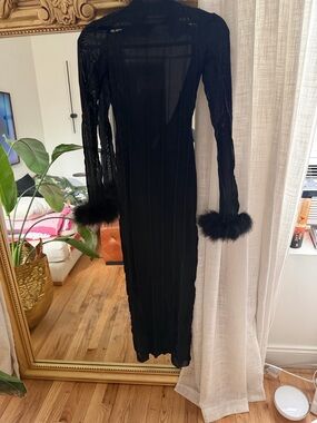 Fanci club mock neck Black Long Sleeve Sheer Dress with faux Fur Cuffs